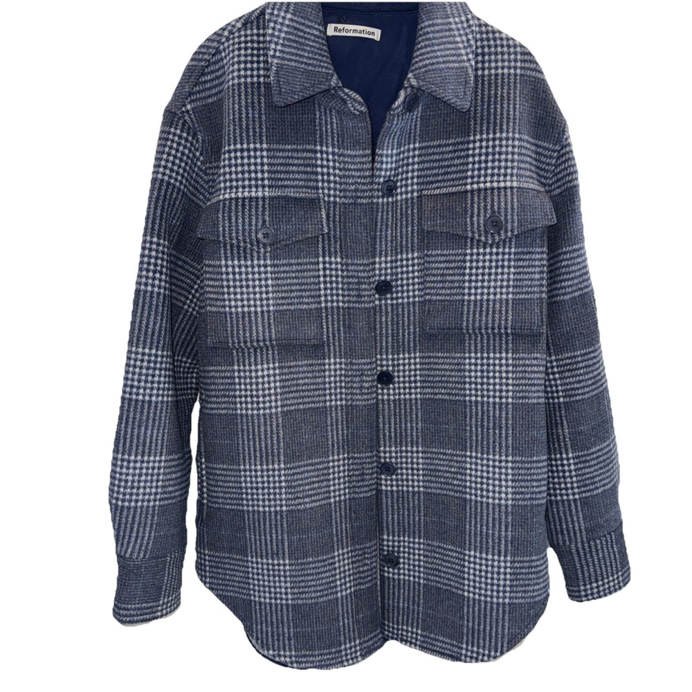Reformation Giles Jacket Navy Plaid SZ S‎ Wool Blend Oversized Grunge Boxy EUC - Picture 2 of 10